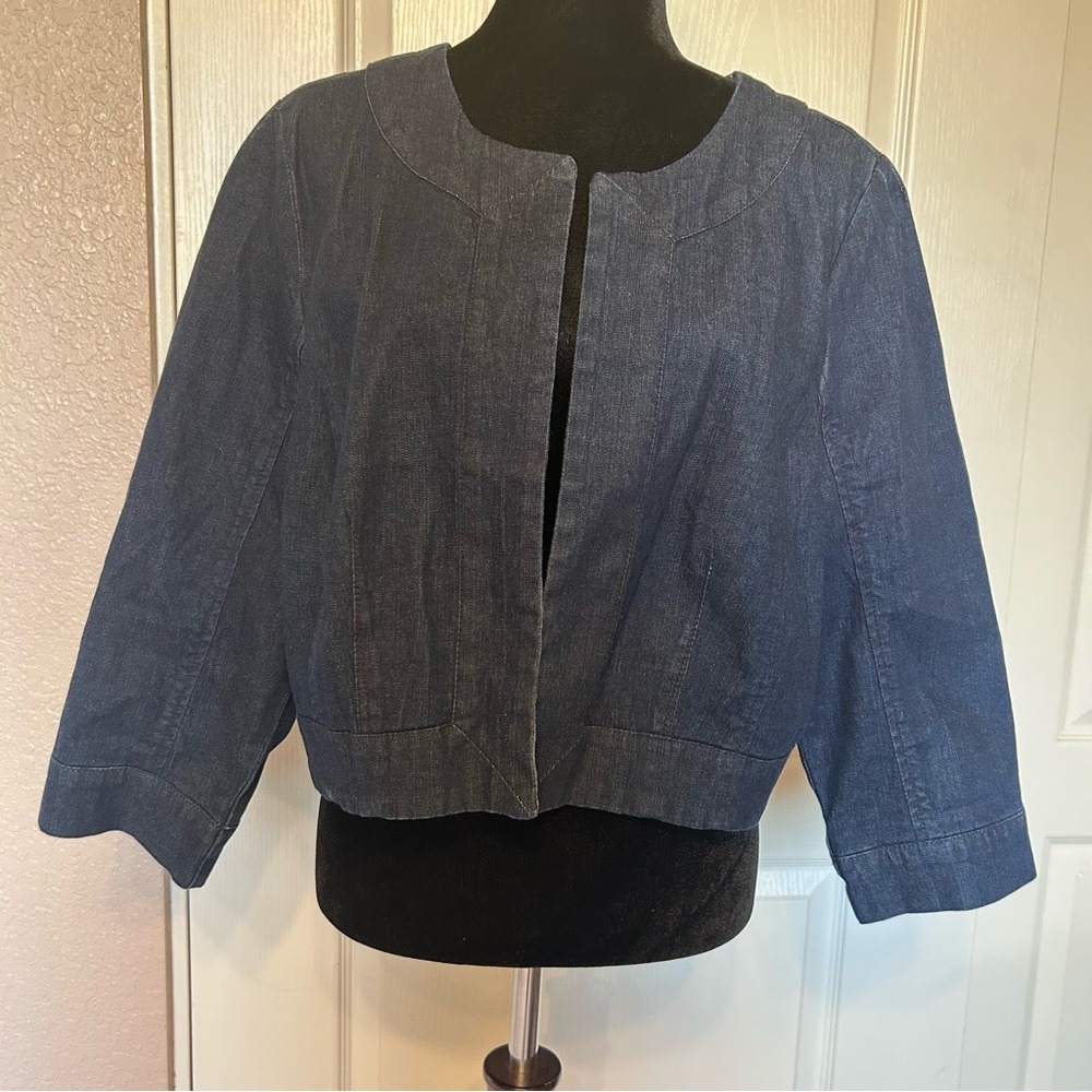 Denim‎ and Company QVC Open Front Blue Denim Cropped Jacket Size Large